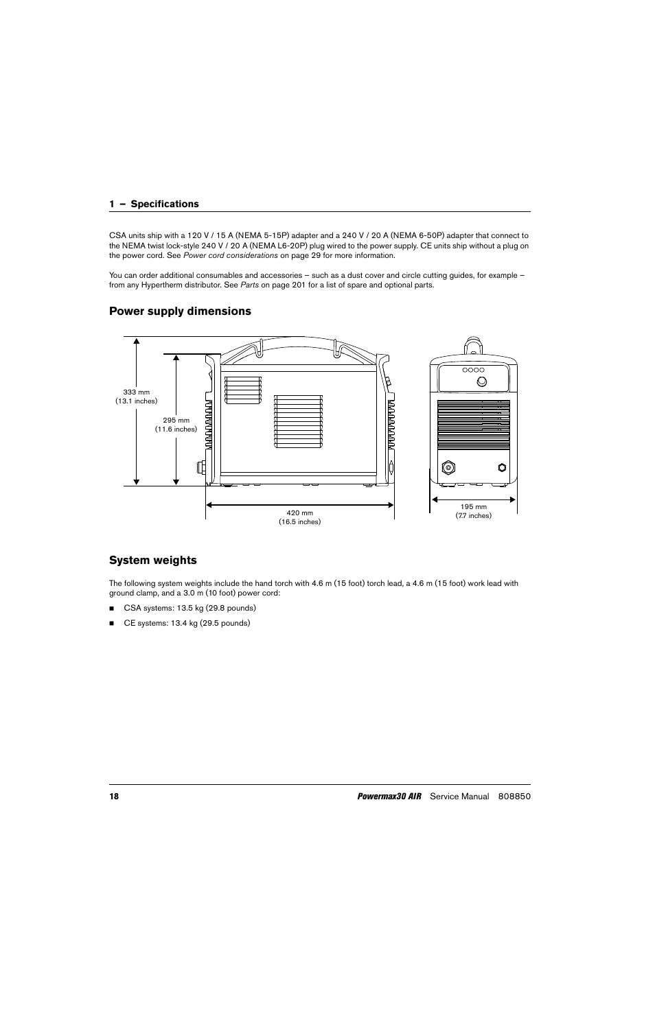 Power supply dimensions, System weights, Power supply dimensions system weights | Hypertherm Powermax30 AIR Service Manual User Manual | Page 18 / 223