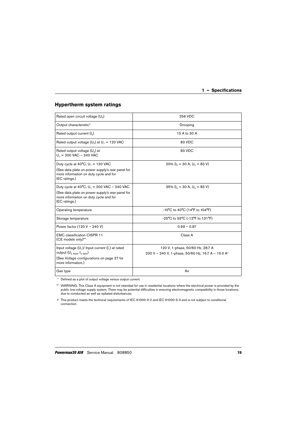 Hypertherm system ratings, 1 – specifications | Hypertherm Powermax30 AIR Service Manual User Manual | Page 19 / 223