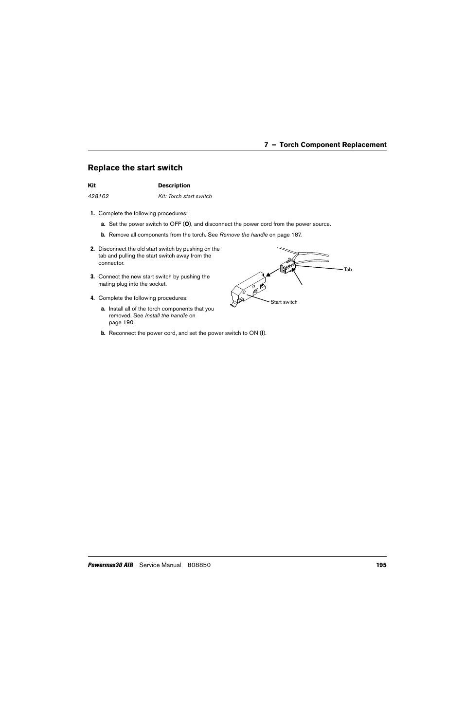 Replace the start switch | Hypertherm Powermax30 AIR Service Manual User Manual | Page 195 / 223