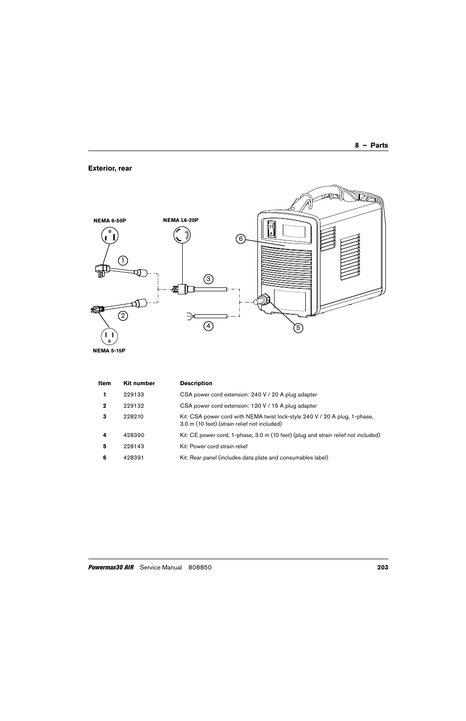 Exterior, rear, Kit: power cord strain relief | Hypertherm Powermax30 AIR Service Manual User Manual | Page 203 / 223