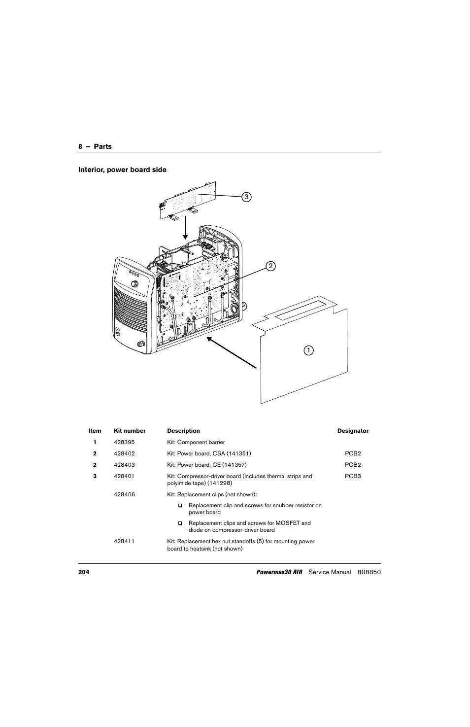 Interior, power board side, Kit: power board, csa (141351), Kit: power board, ce (141357) | Hypertherm Powermax30 AIR Service Manual User Manual | Page 204 / 223