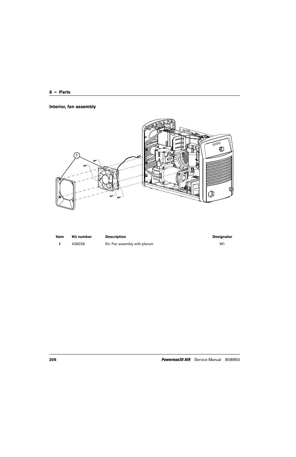 Interior, fan assembly, Kit: fan assembly with plenum | Hypertherm Powermax30 AIR Service Manual User Manual | Page 206 / 223