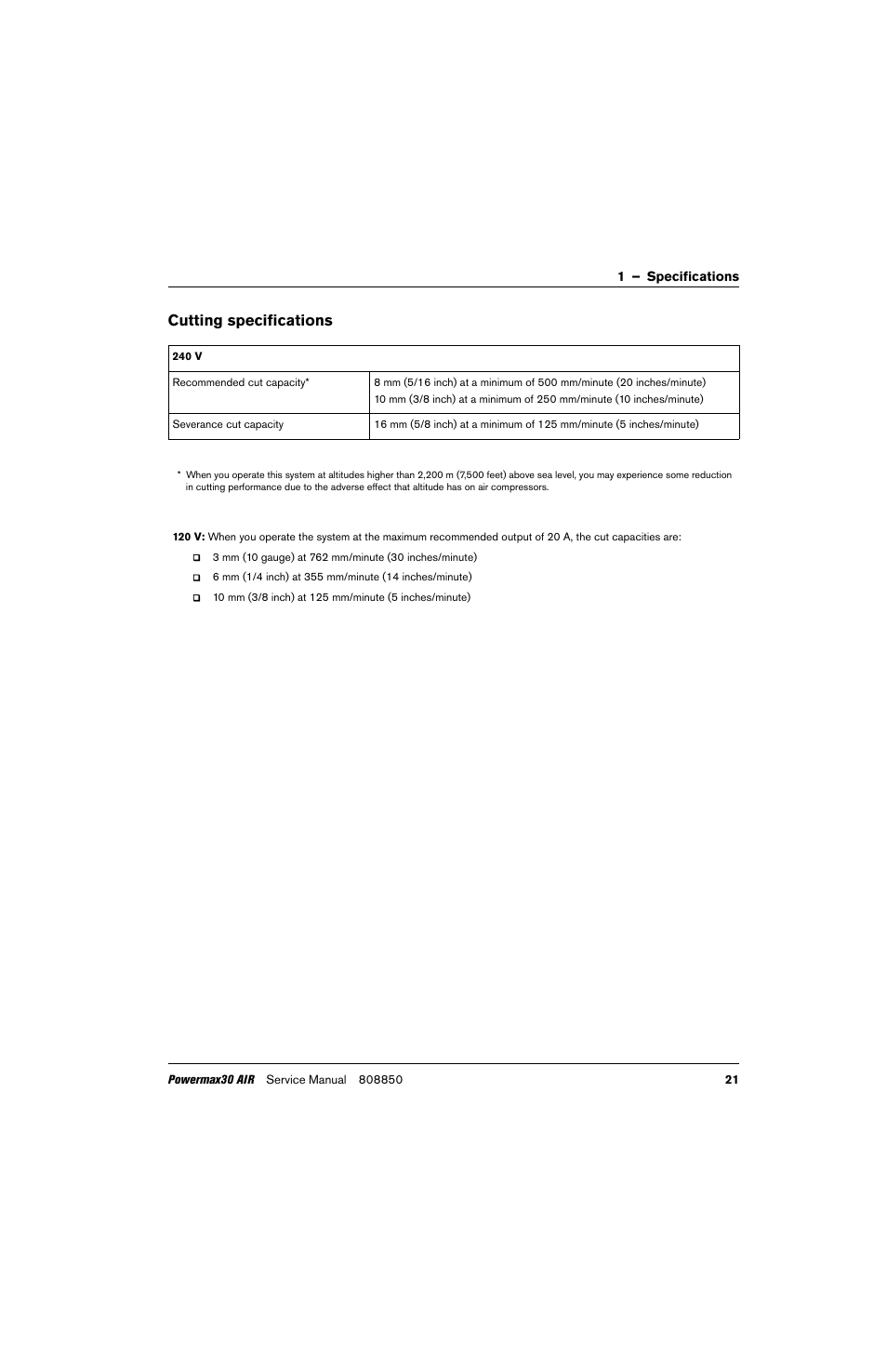 Cutting specifications | Hypertherm Powermax30 AIR Service Manual User Manual | Page 21 / 223