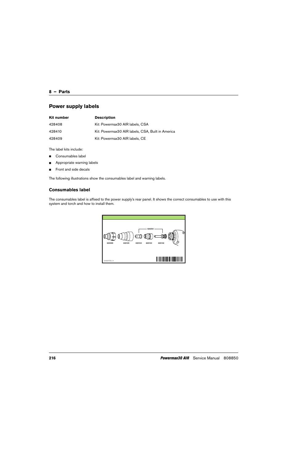 Power supply labels, Consumables label, 8 – parts | Hypertherm Powermax30 AIR Service Manual User Manual | Page 216 / 223
