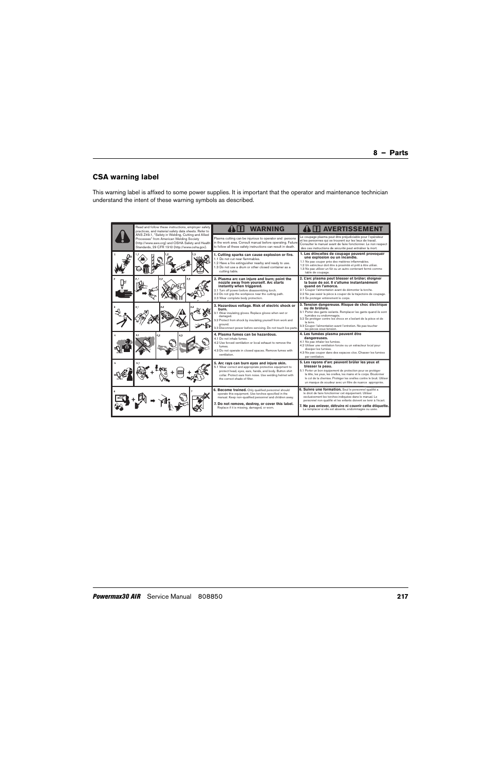 Csa warning label, 8 – parts csa warning label, Warning | Avertissement | Hypertherm Powermax30 AIR Service Manual User Manual | Page 217 / 223