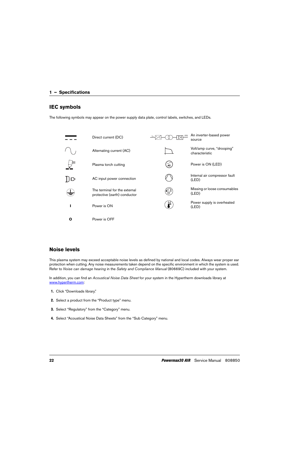 Iec symbols, Noise levels, 1 – specifications | Hypertherm Powermax30 AIR Service Manual User Manual | Page 22 / 223
