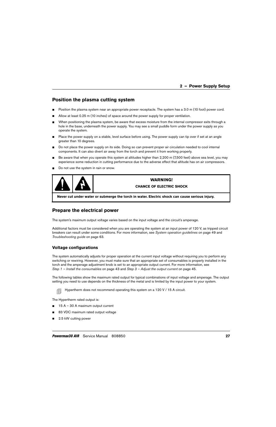 Position the plasma cutting system, Prepare the electrical power, Voltage configurations | Hypertherm Powermax30 AIR Service Manual User Manual | Page 27 / 223