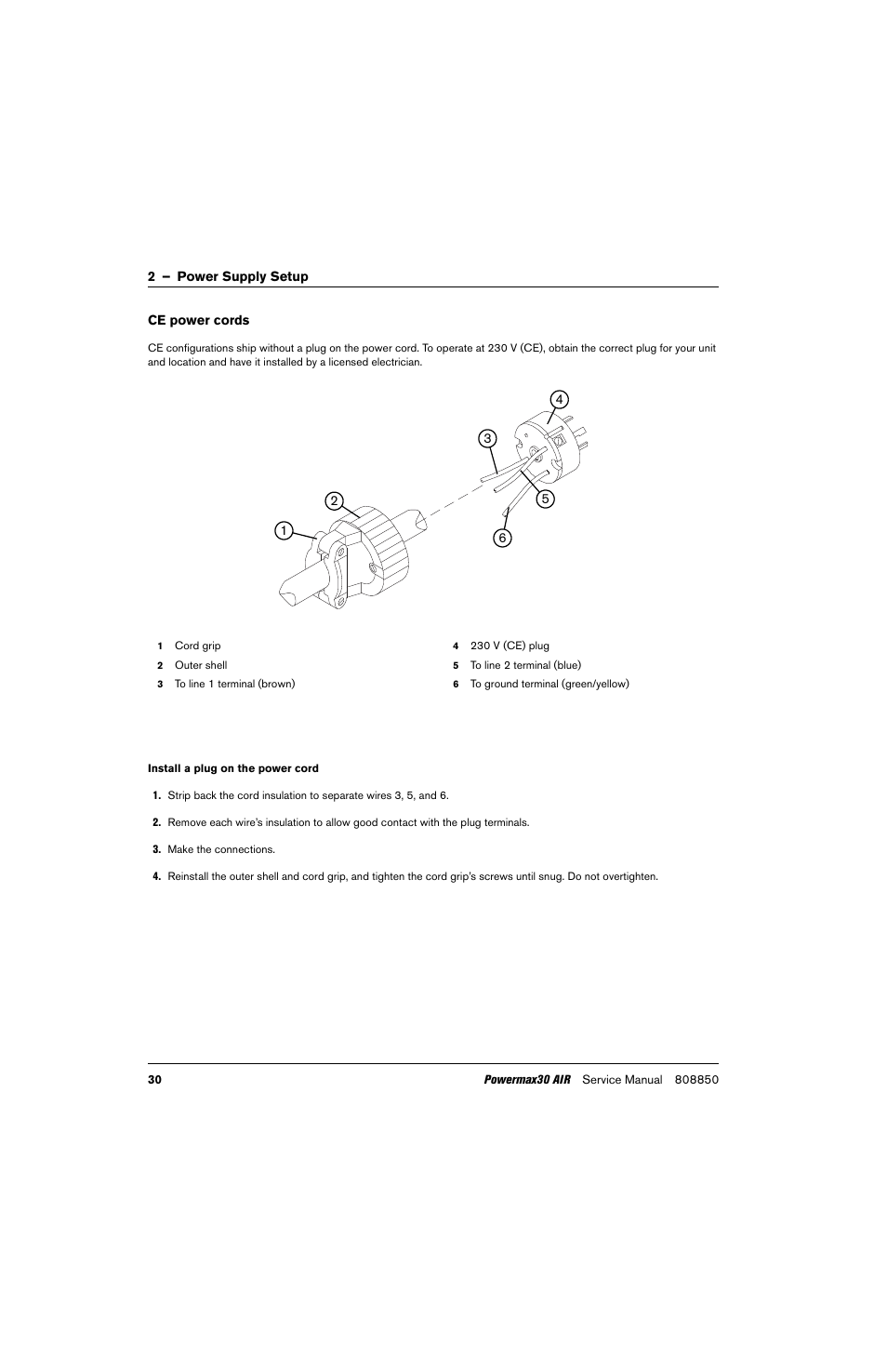 Ce power cords, Install a plug on the power cord | Hypertherm Powermax30 AIR Service Manual User Manual | Page 30 / 223