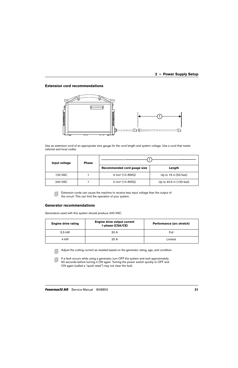 Extension cord recommendations, Generator recommendations | Hypertherm Powermax30 AIR Service Manual User Manual | Page 31 / 223