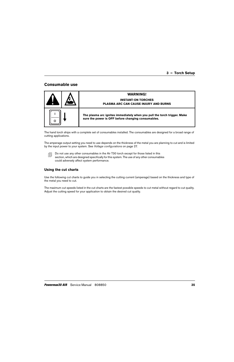 Consumable use, Using the cut charts, Consumable use .) un | Hypertherm Powermax30 AIR Service Manual User Manual | Page 35 / 223