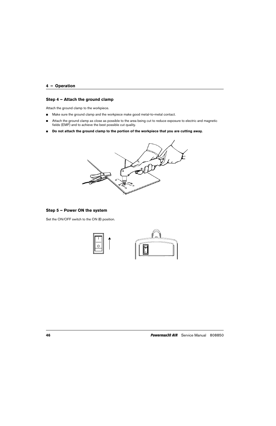 Step 4 – attach the ground clamp, Step 5 – power on the system | Hypertherm Powermax30 AIR Service Manual User Manual | Page 46 / 223