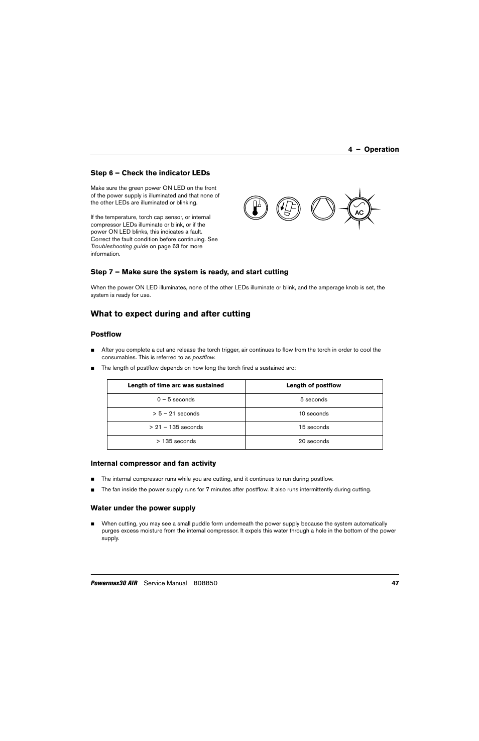 Step 6 – check the indicator leds, What to expect during and after cutting, Postflow | Internal compressor and fan activity, Water under the power supply | Hypertherm Powermax30 AIR Service Manual User Manual | Page 47 / 223