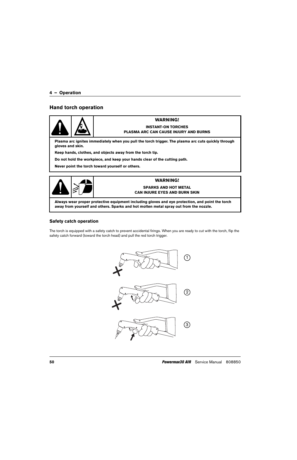 Hand torch operation, Safety catch operation | Hypertherm Powermax30 AIR Service Manual User Manual | Page 50 / 223