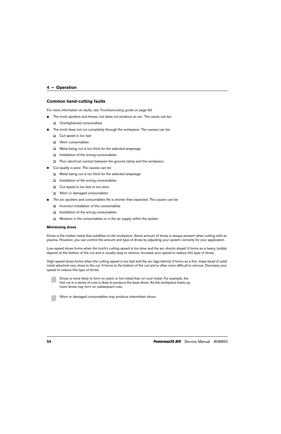 Common hand-cutting faults, Minimizing dross | Hypertherm Powermax30 AIR Service Manual User Manual | Page 54 / 223
