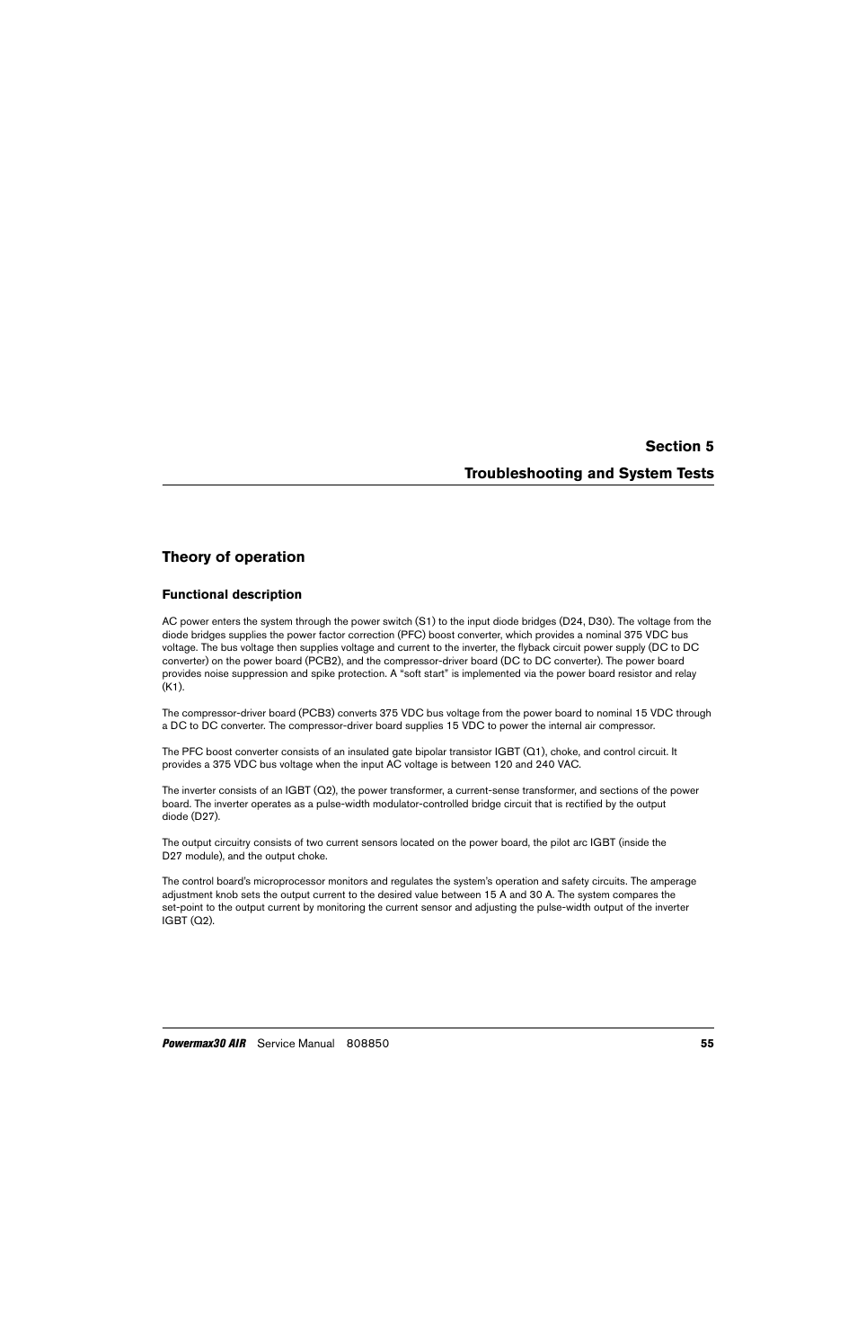 Troubleshooting and system tests, Theory of operation, Functional description | Hypertherm Powermax30 AIR Service Manual User Manual | Page 55 / 223