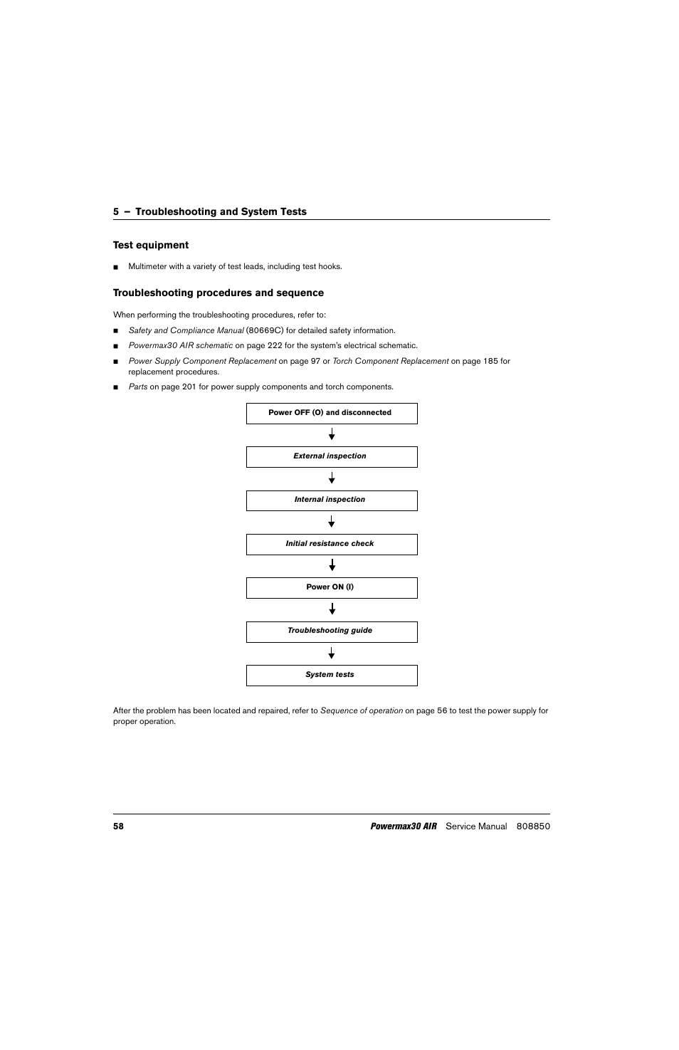 Test equipment, Troubleshooting procedures and sequence | Hypertherm Powermax30 AIR Service Manual User Manual | Page 58 / 223