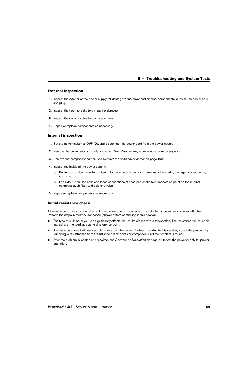 External inspection, Internal inspection, Initial resistance check | Hypertherm Powermax30 AIR Service Manual User Manual | Page 59 / 223