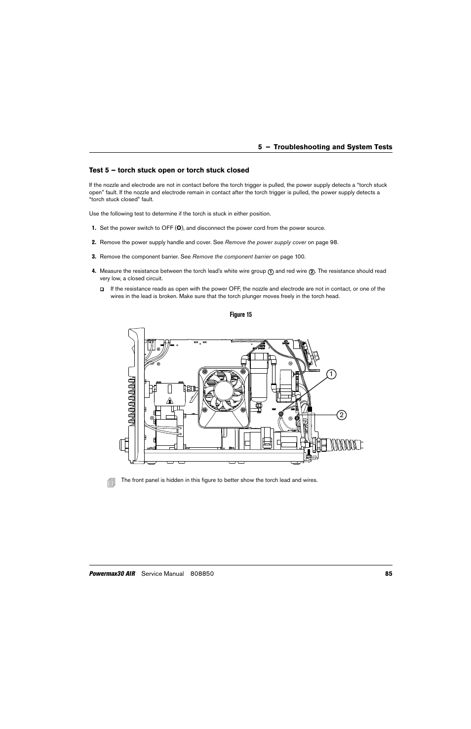 Test 5 – torch stuck open or torch stuck closed, Test 5 – torch stuck open or torch | Hypertherm Powermax30 AIR Service Manual User Manual | Page 85 / 223