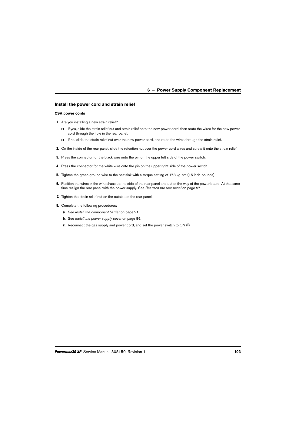 Install the power cord and strain relief | Hypertherm Powermax30 XP Service Manual User Manual | Page 103 / 201