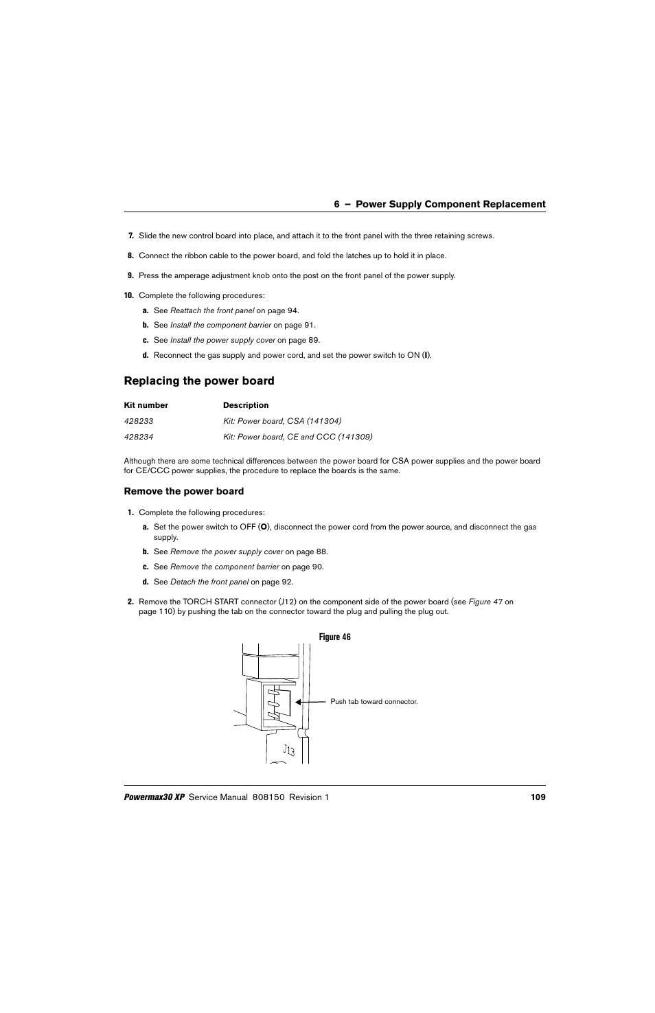 Replacing the power board, Remove the power board | Hypertherm Powermax30 XP Service Manual User Manual | Page 109 / 201