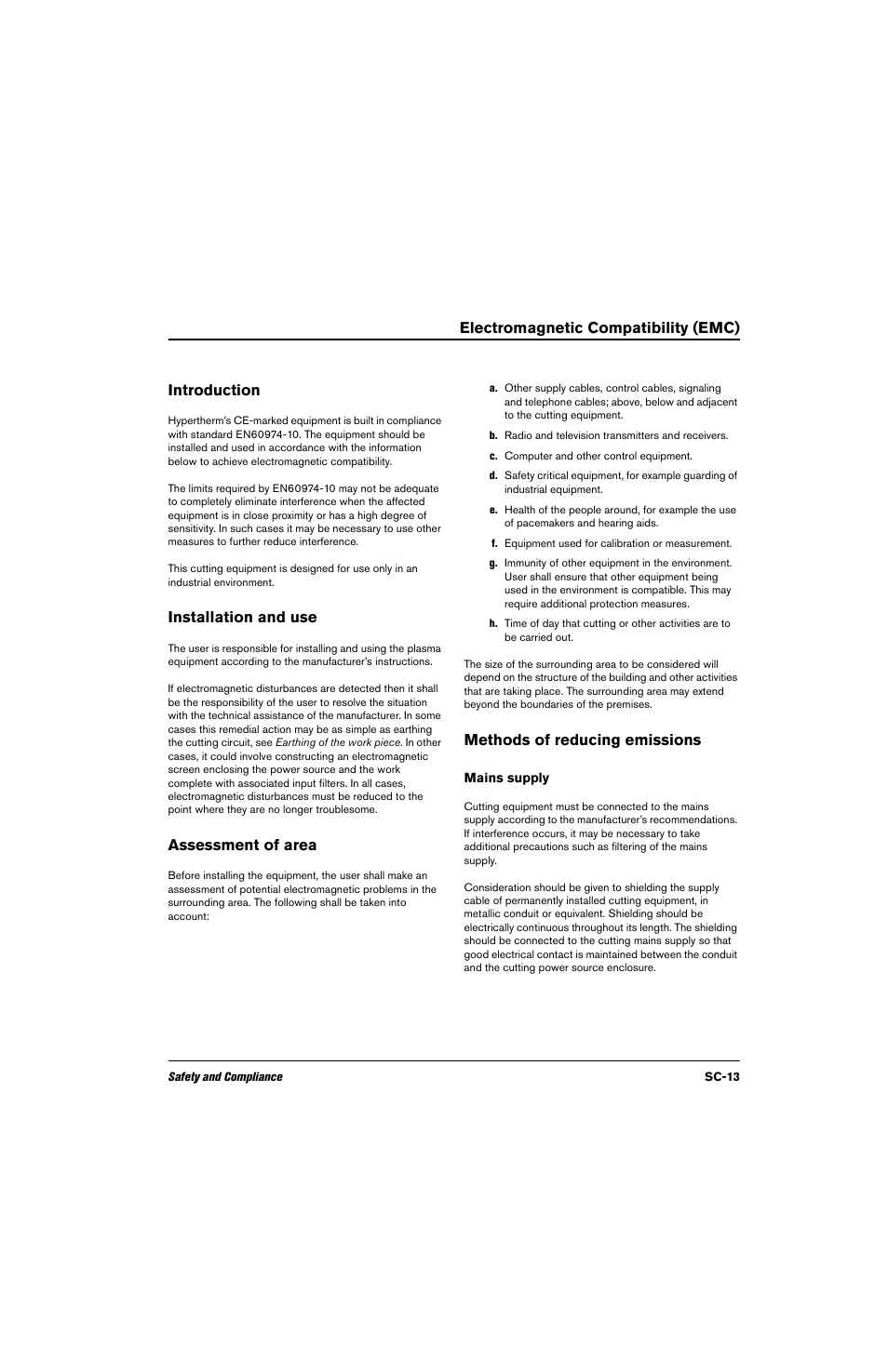 Electromagnetic compatibility (emc), Introduction, Installation and use | Assessment of area, Methods of reducing emissions, Mains supply, Electromagnetic, Electromagnetic compatibility (emc) introduction | Hypertherm Powermax30 XP Service Manual User Manual | Page 13 / 201