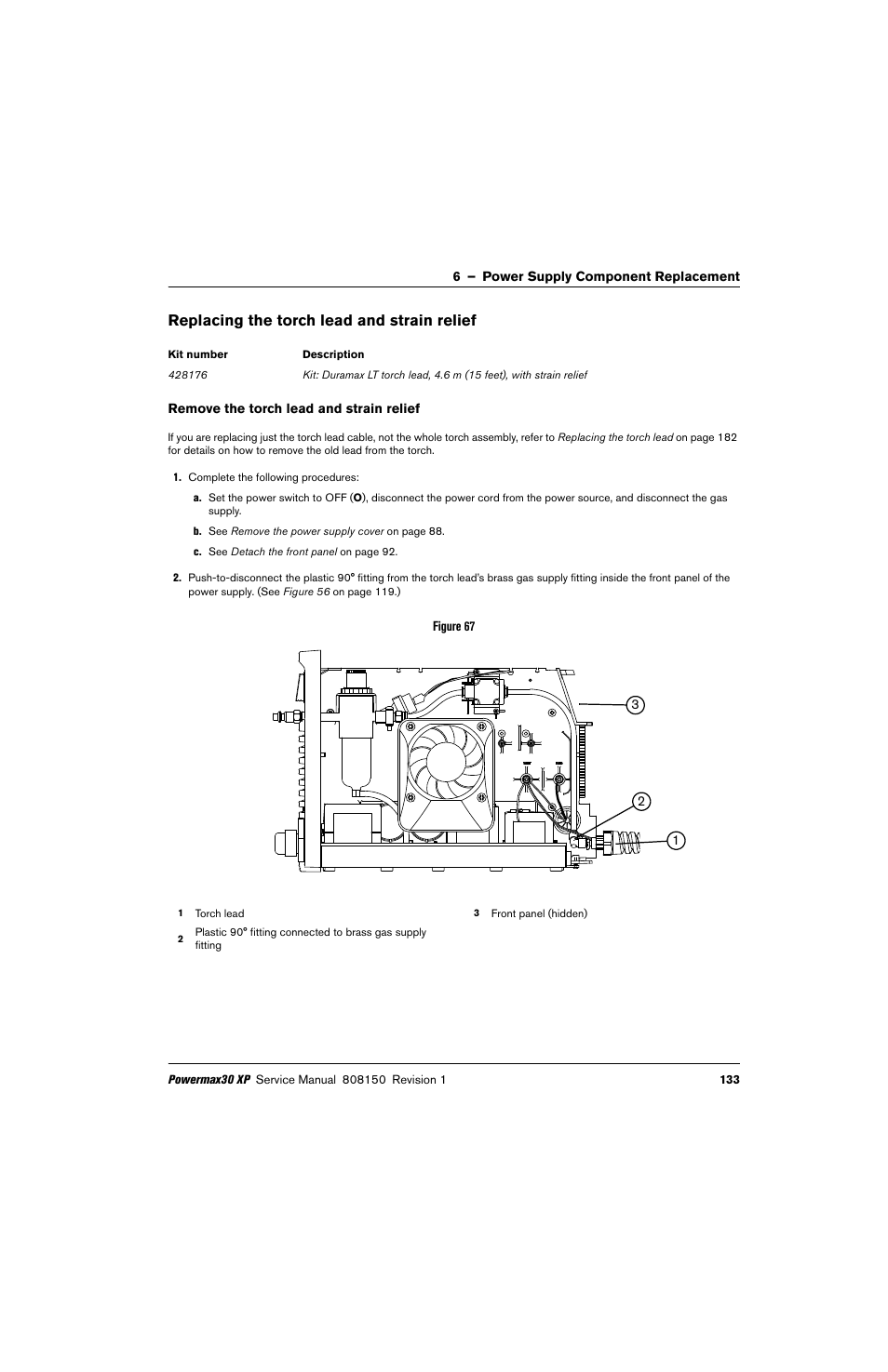 Replacing the torch lead and strain relief, Remove the torch lead and strain relief | Hypertherm Powermax30 XP Service Manual User Manual | Page 133 / 201