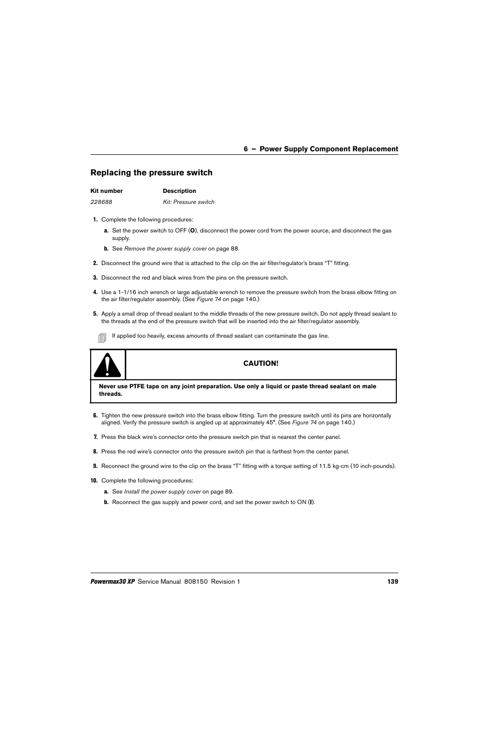 Replacing the pressure switch | Hypertherm Powermax30 XP Service Manual User Manual | Page 139 / 201