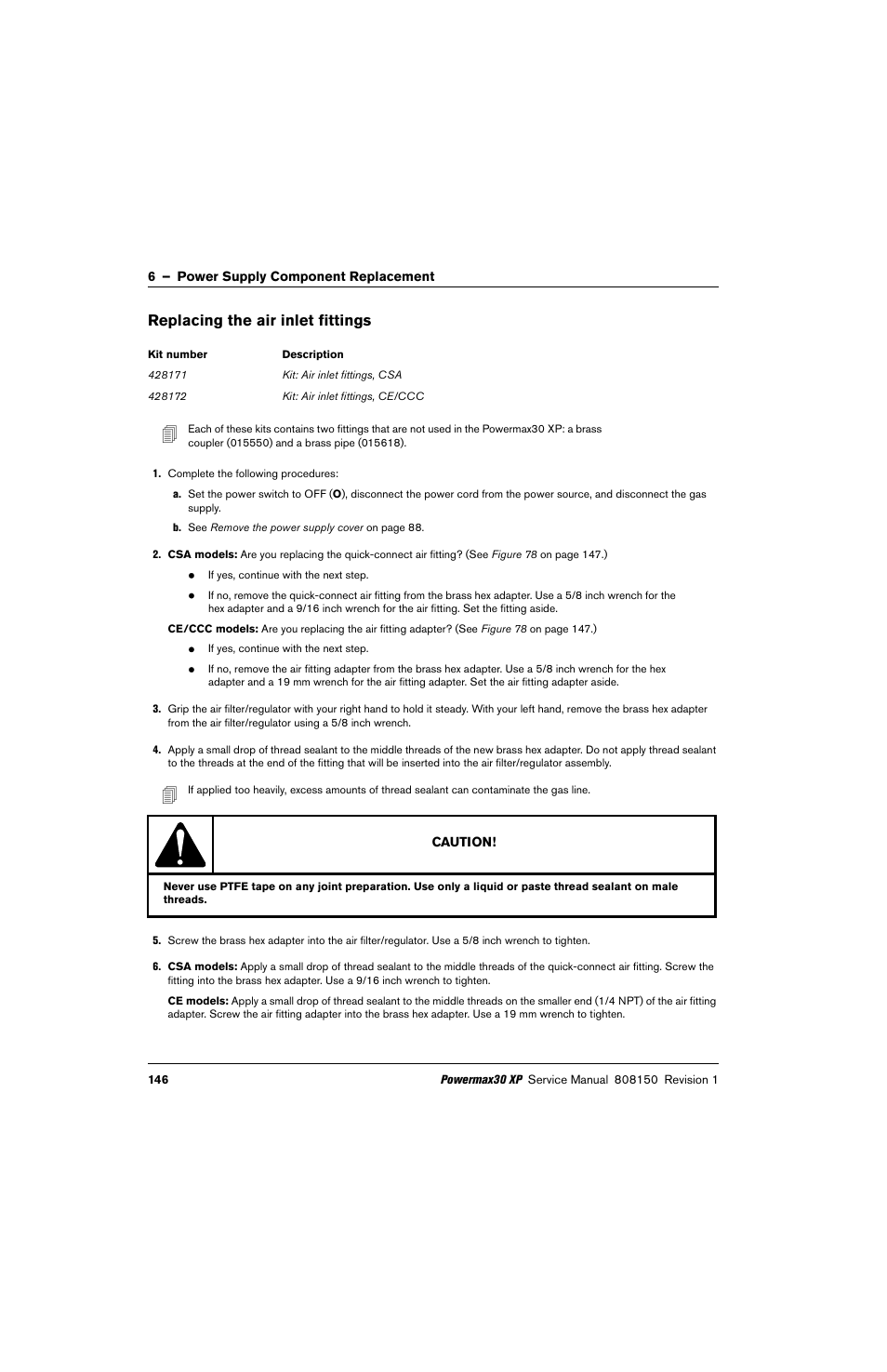 Replacing the air inlet fittings | Hypertherm Powermax30 XP Service Manual User Manual | Page 146 / 201