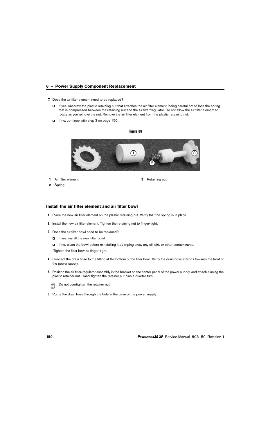 Install the air filter element and air filter bowl | Hypertherm Powermax30 XP Service Manual User Manual | Page 150 / 201