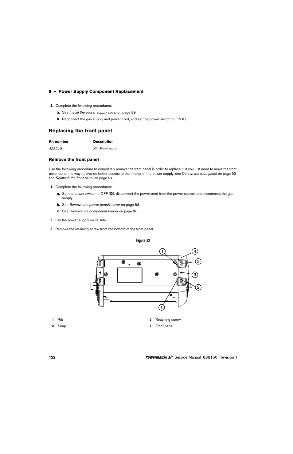 Replacing the front panel, Remove the front panel | Hypertherm Powermax30 XP Service Manual User Manual | Page 152 / 201