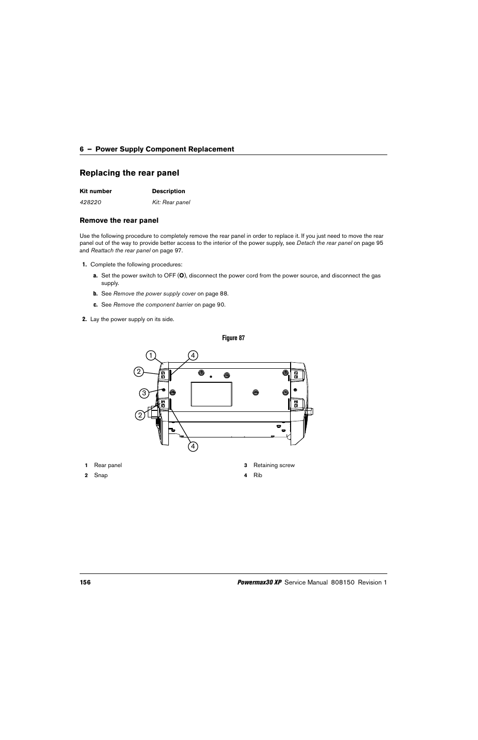 Replacing the rear panel, Remove the rear panel | Hypertherm Powermax30 XP Service Manual User Manual | Page 156 / 201