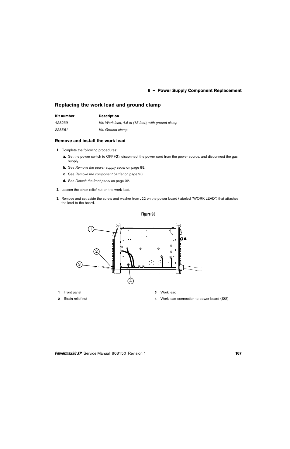 Replacing the work lead and ground clamp, Remove and install the work lead | Hypertherm Powermax30 XP Service Manual User Manual | Page 167 / 201