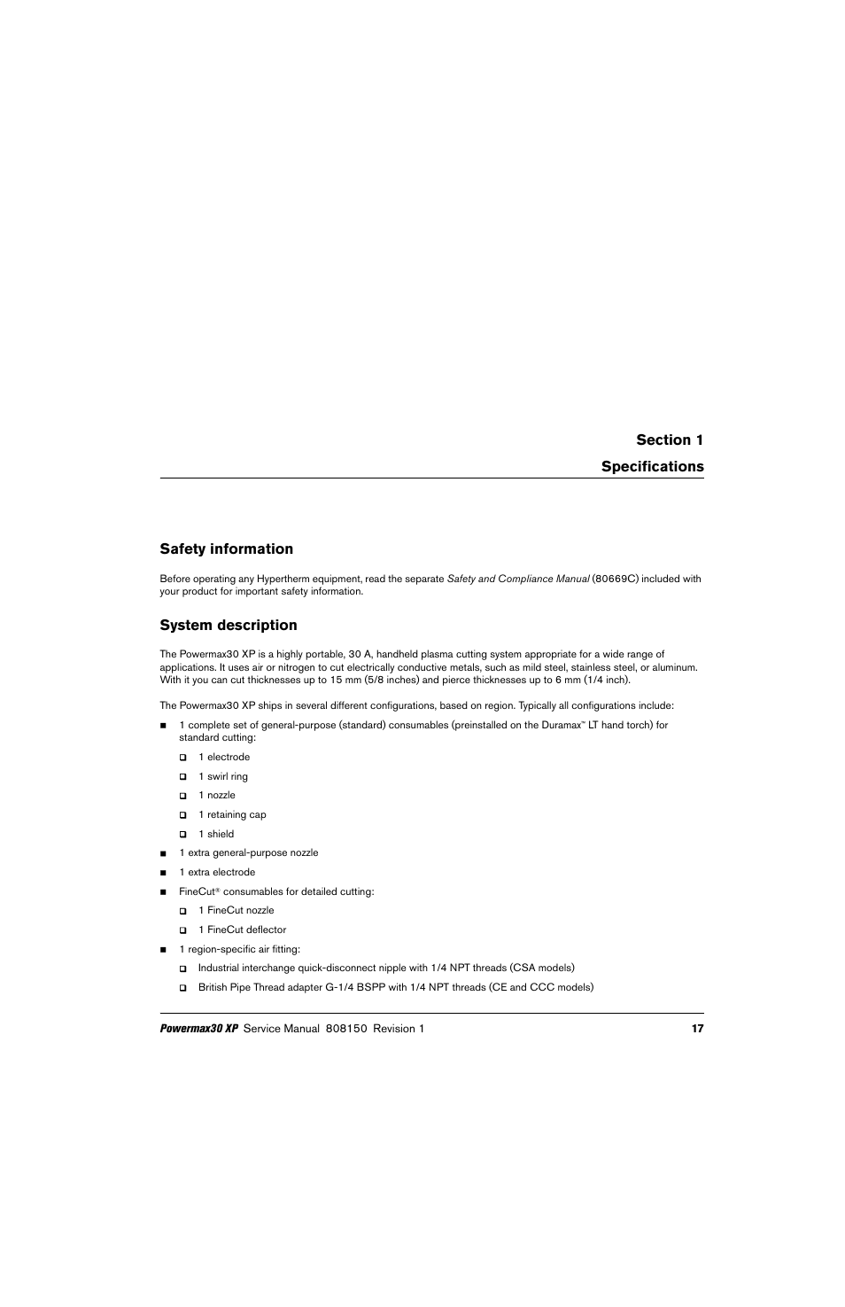 Specifications, Safety information, System description | Hypertherm Powermax30 XP Service Manual User Manual | Page 17 / 201