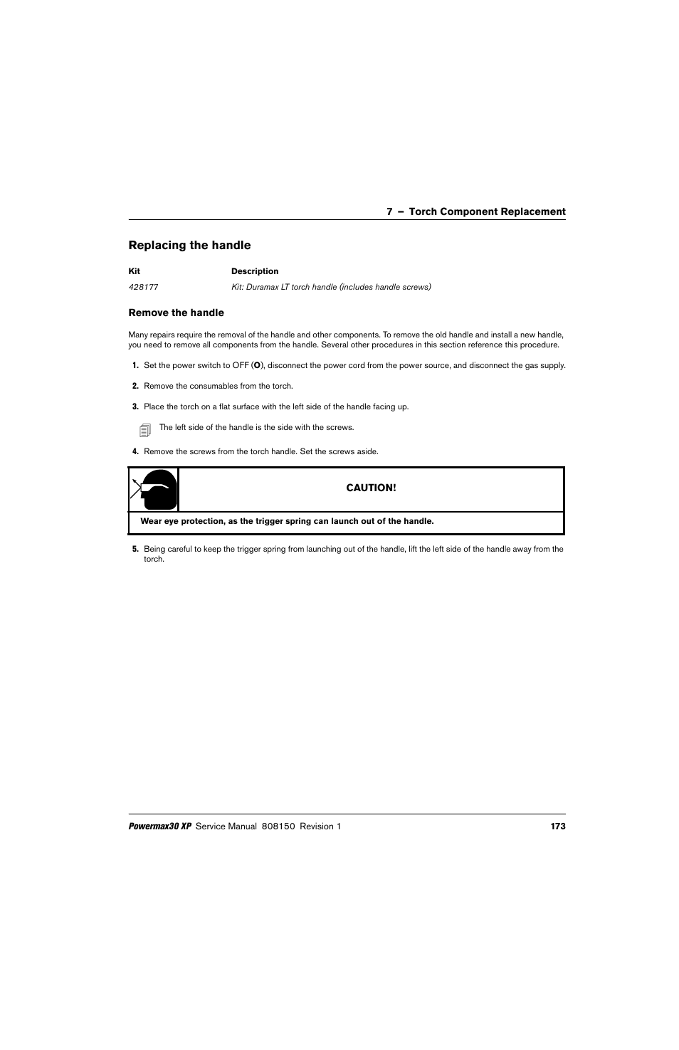 Replacing the handle, Remove the handle | Hypertherm Powermax30 XP Service Manual User Manual | Page 173 / 201