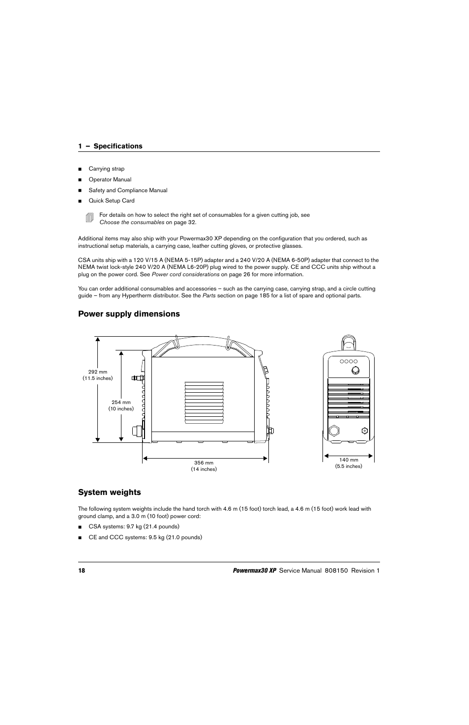 Power supply dimensions, System weights, Power supply dimensions system weights | Hypertherm Powermax30 XP Service Manual User Manual | Page 18 / 201