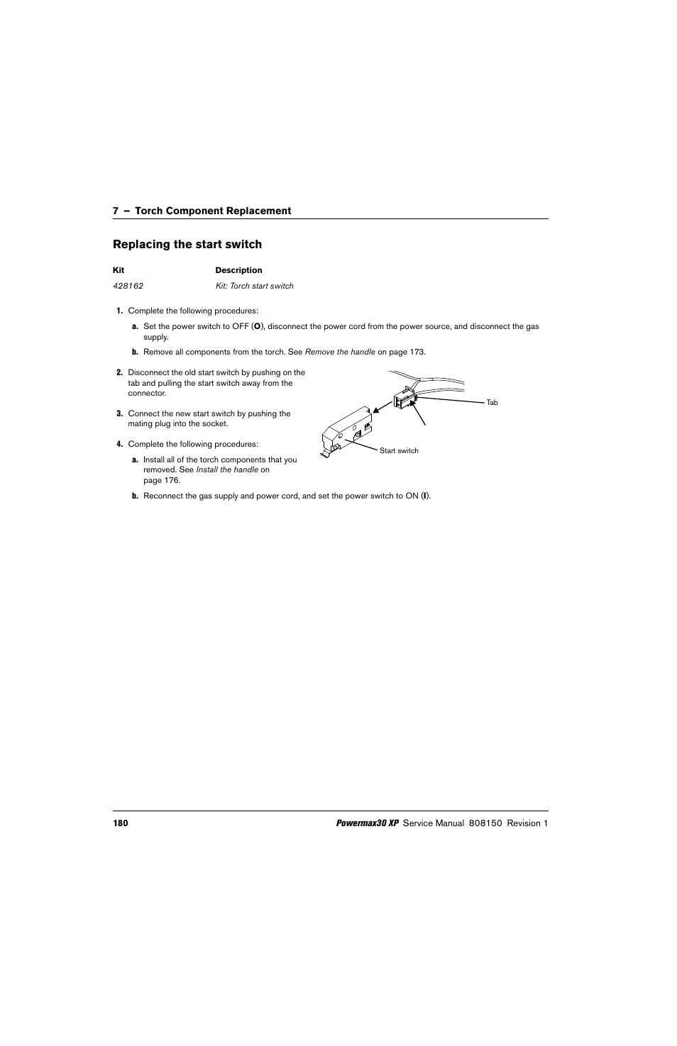 Replacing the start switch | Hypertherm Powermax30 XP Service Manual User Manual | Page 180 / 201
