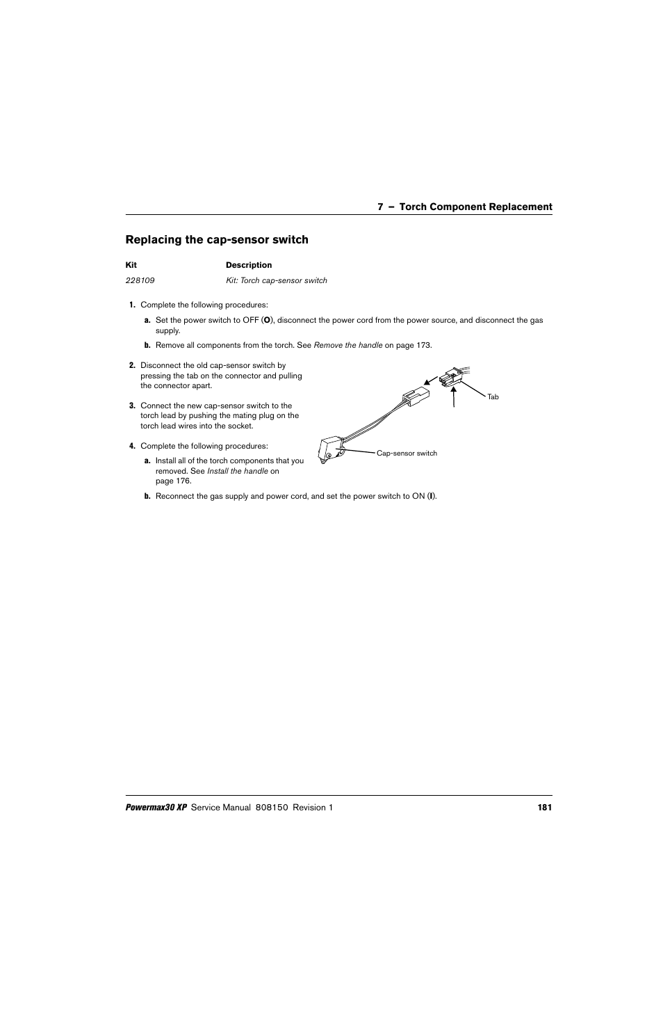 Replacing the cap-sensor switch | Hypertherm Powermax30 XP Service Manual User Manual | Page 181 / 201