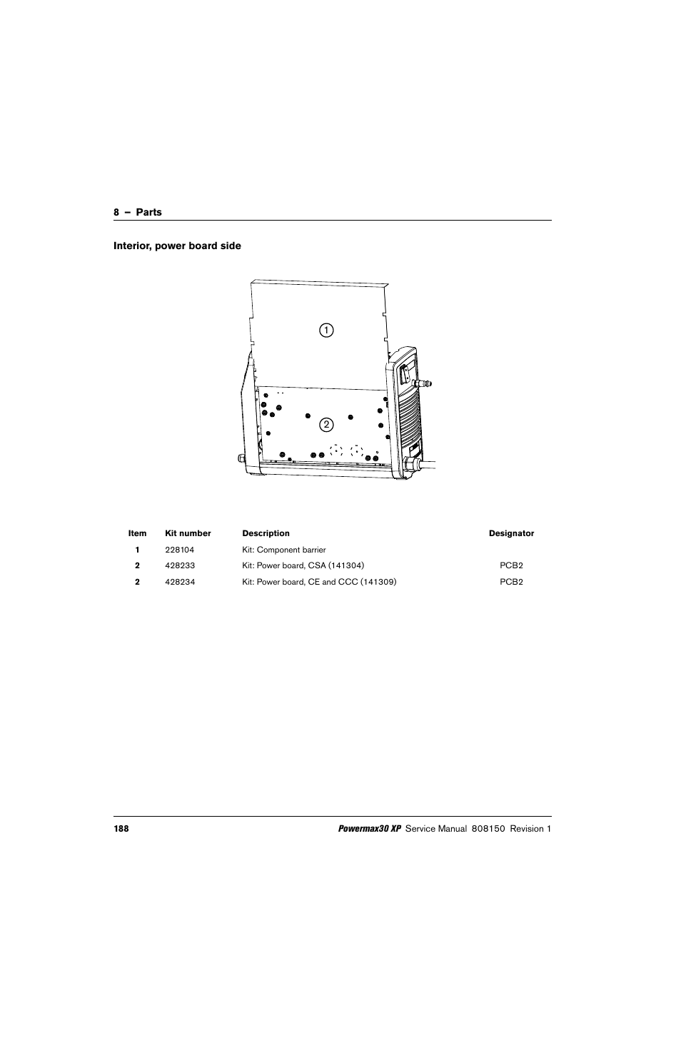 Interior, power board side, Kit: power board, csa (141304), Kit: power board, ce and ccc (141309) | Hypertherm Powermax30 XP Service Manual User Manual | Page 188 / 201