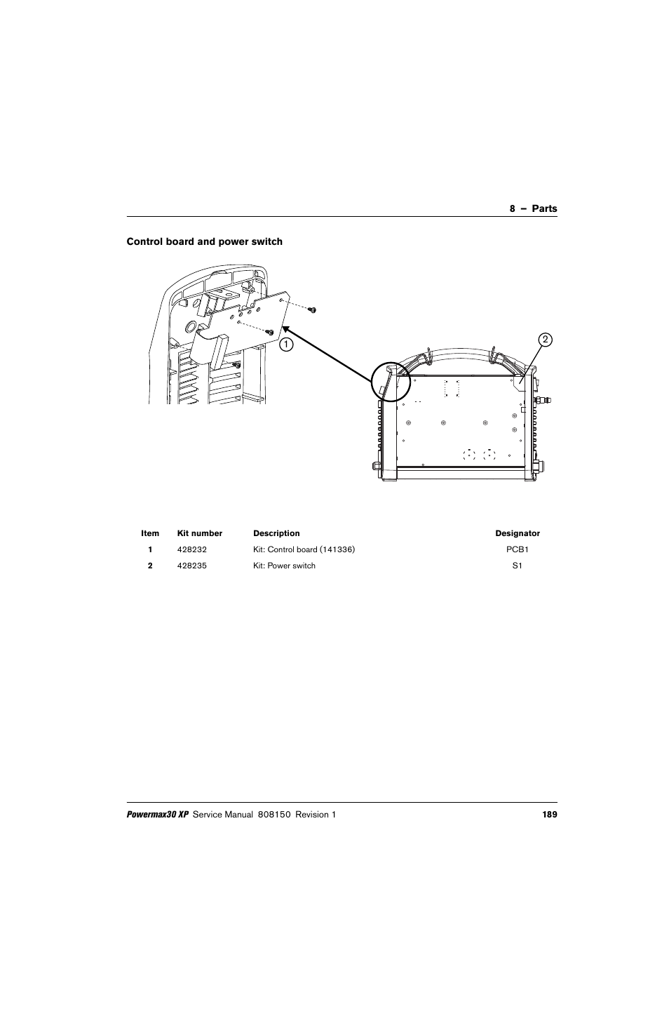 Control board and power switch, Kit: power switch, Kit: control board (141336) | Hypertherm Powermax30 XP Service Manual User Manual | Page 189 / 201