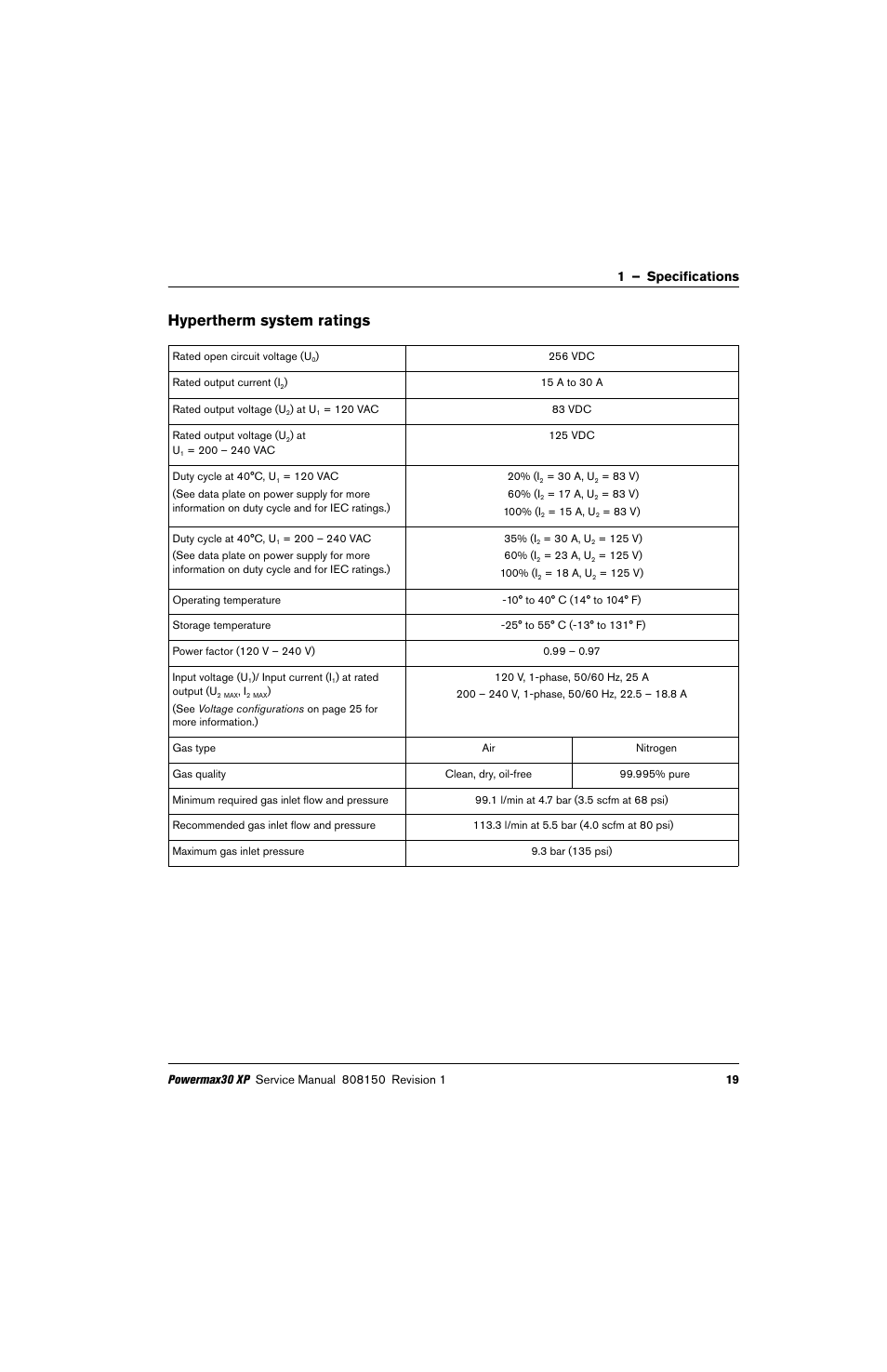 Hypertherm system ratings, 1 – specifications | Hypertherm Powermax30 XP Service Manual User Manual | Page 19 / 201