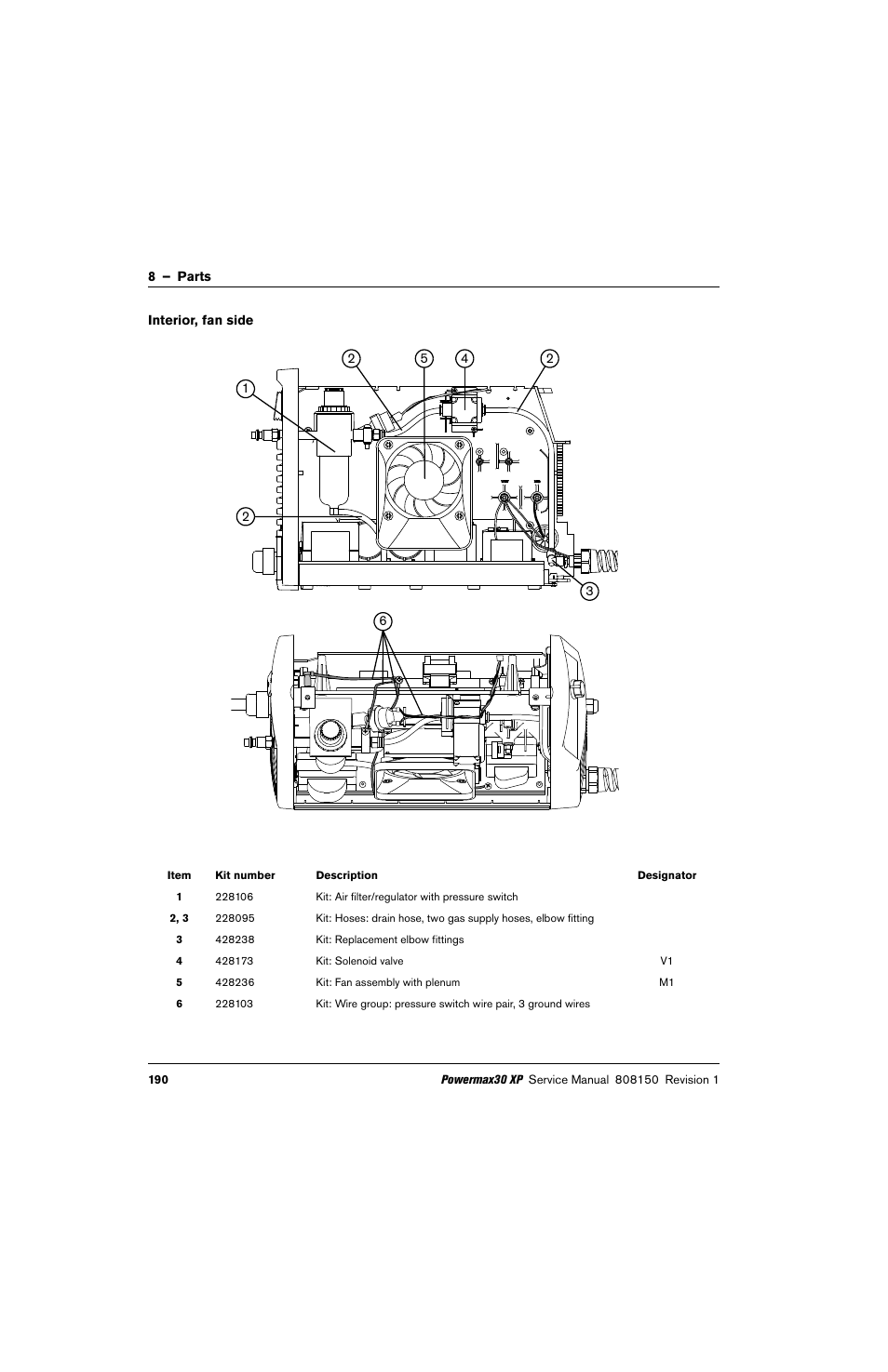 Interior, fan side, Kit: fan assembly with plenum, Kit: solenoid valve | Kit: air filter/regulator with pressure switch | Hypertherm Powermax30 XP Service Manual User Manual | Page 190 / 201