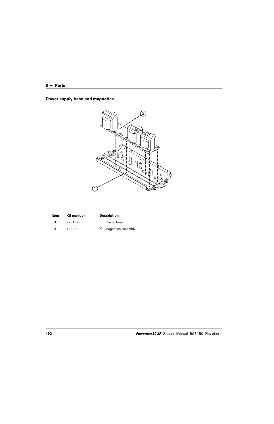 Power supply base and magnetics, Kit: plastic base, Kit: magnetics assembly | Hypertherm Powermax30 XP Service Manual User Manual | Page 192 / 201