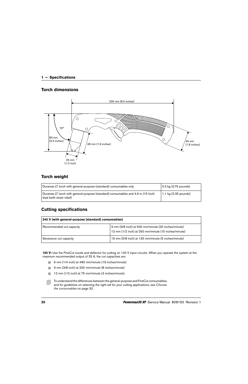 Torch dimensions, Torch weight, Cutting specifications | Hypertherm Powermax30 XP Service Manual User Manual | Page 20 / 201
