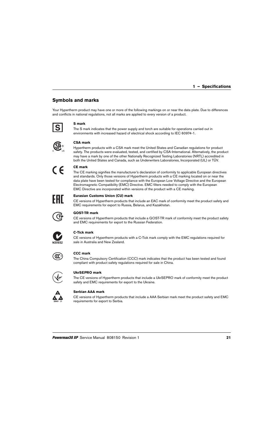 Symbols and marks | Hypertherm Powermax30 XP Service Manual User Manual | Page 21 / 201