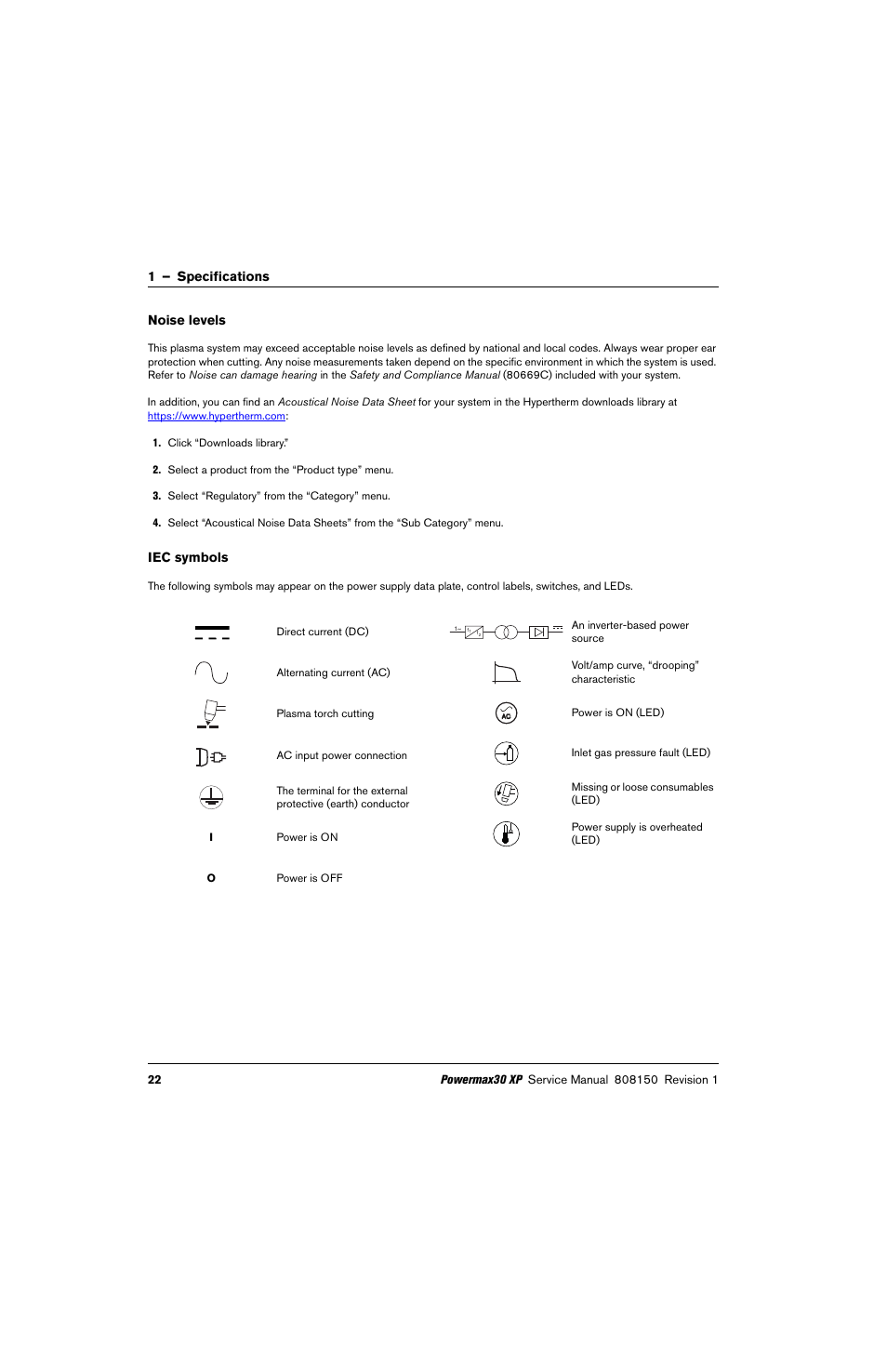 Noise levels, Iec symbols, 1 – specifications noise levels | Hypertherm Powermax30 XP Service Manual User Manual | Page 22 / 201