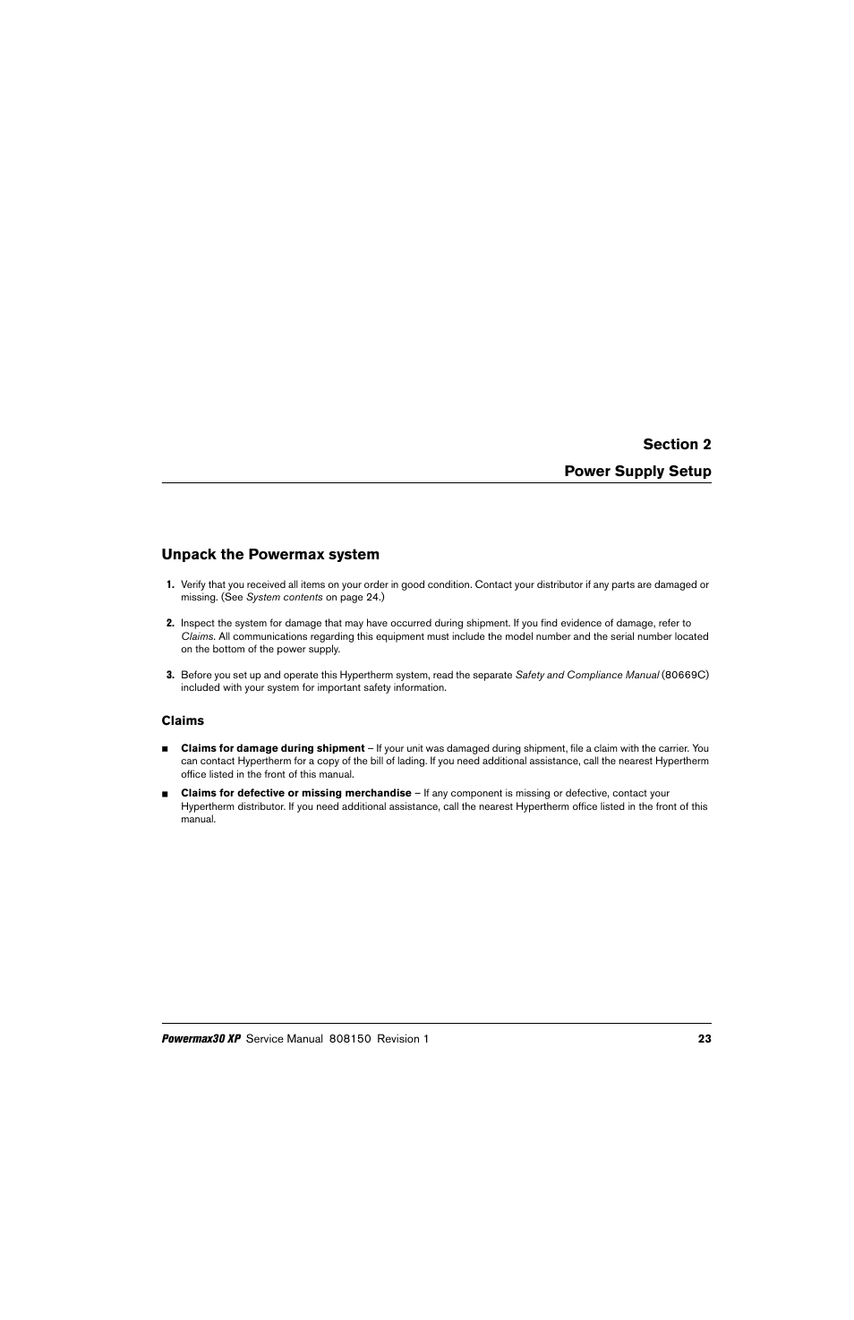 Power supply setup, Unpack the powermax system, Claims | Hypertherm Powermax30 XP Service Manual User Manual | Page 23 / 201