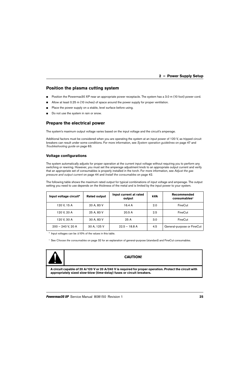 Position the plasma cutting system, Prepare the electrical power, Voltage configurations | Hypertherm Powermax30 XP Service Manual User Manual | Page 25 / 201