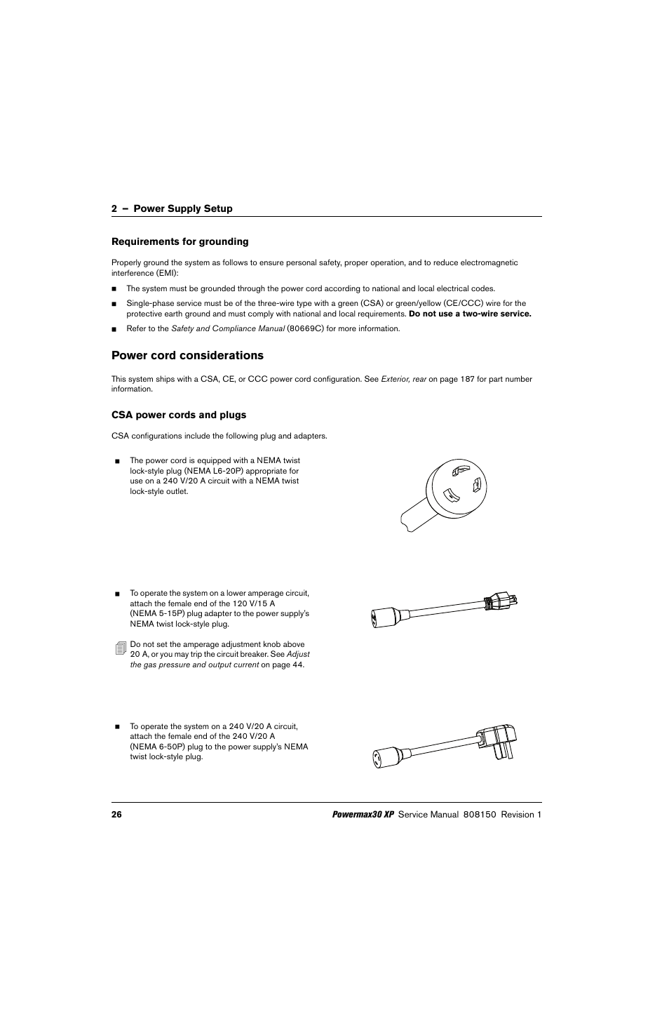 Requirements for grounding, Power cord considerations, Csa power cords and plugs | Hypertherm Powermax30 XP Service Manual User Manual | Page 26 / 201