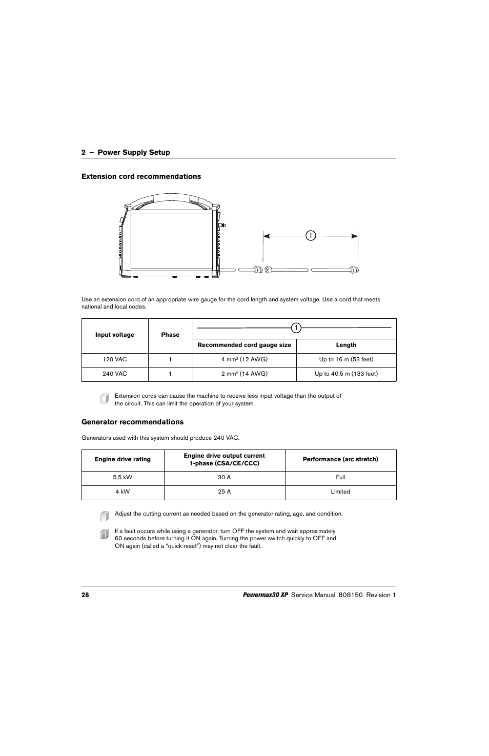 Extension cord recommendations, Generator recommendations | Hypertherm Powermax30 XP Service Manual User Manual | Page 28 / 201