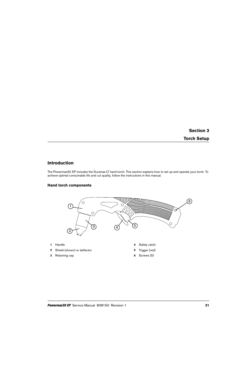 Torch setup, Introduction, Hand torch components | Hypertherm Powermax30 XP Service Manual User Manual | Page 31 / 201